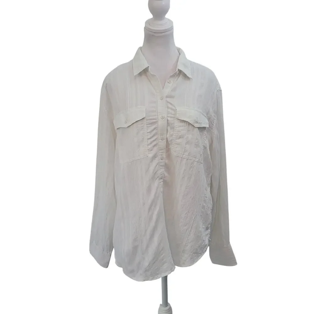 J. Crew Size M White Long Sleeve Popover Textured Cotton Gauzey Minimalist